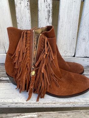 Cynthia Vincent Rust Suede Fringe Ankle Boots